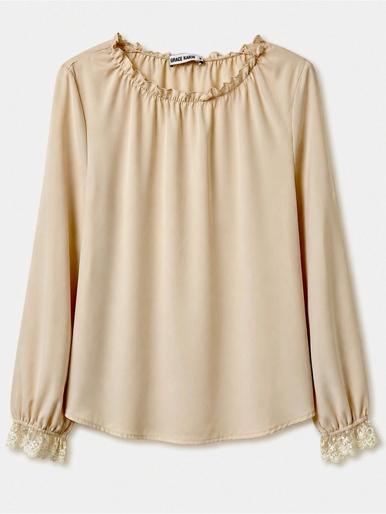 Grace Karin Tops - Grace Karin Blouse beige long sleeves round ruffle neck lace cuffs size M
